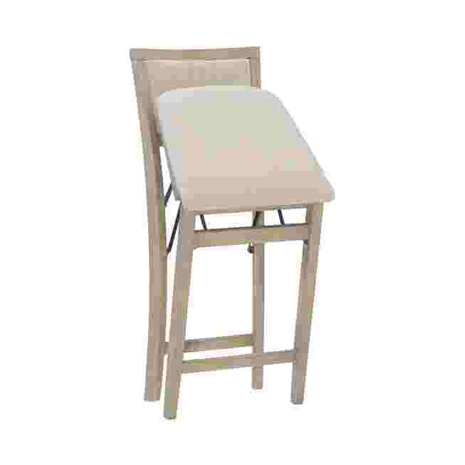 Front view of a grey wash folding stool with the seat tilted