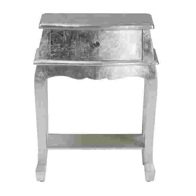 Silver finished wood nightstand with one drawer and a lower shelf