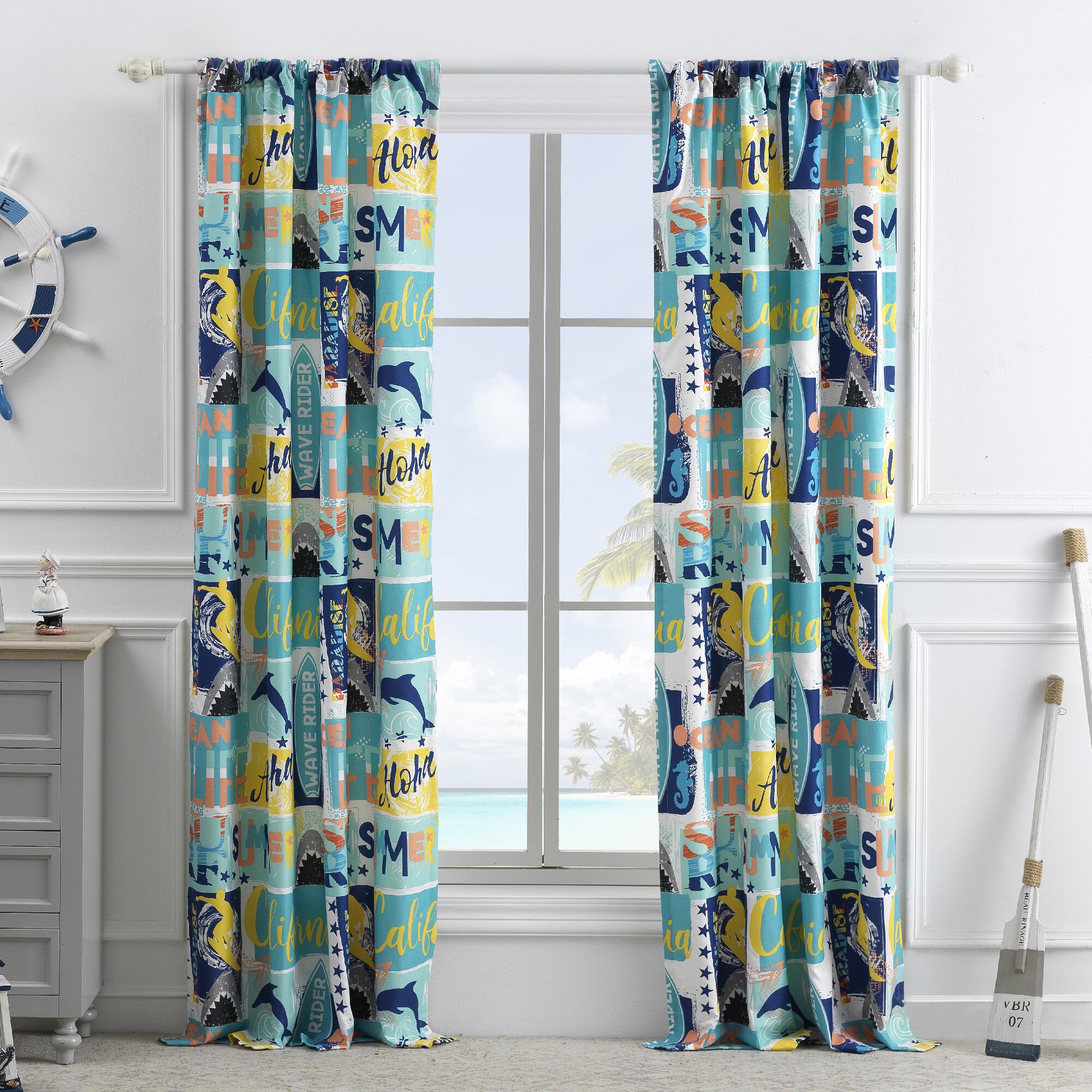 Wave Rider Window Curtain Panels, Set of 2, 84 inches, BLUE, hi-res image number 0