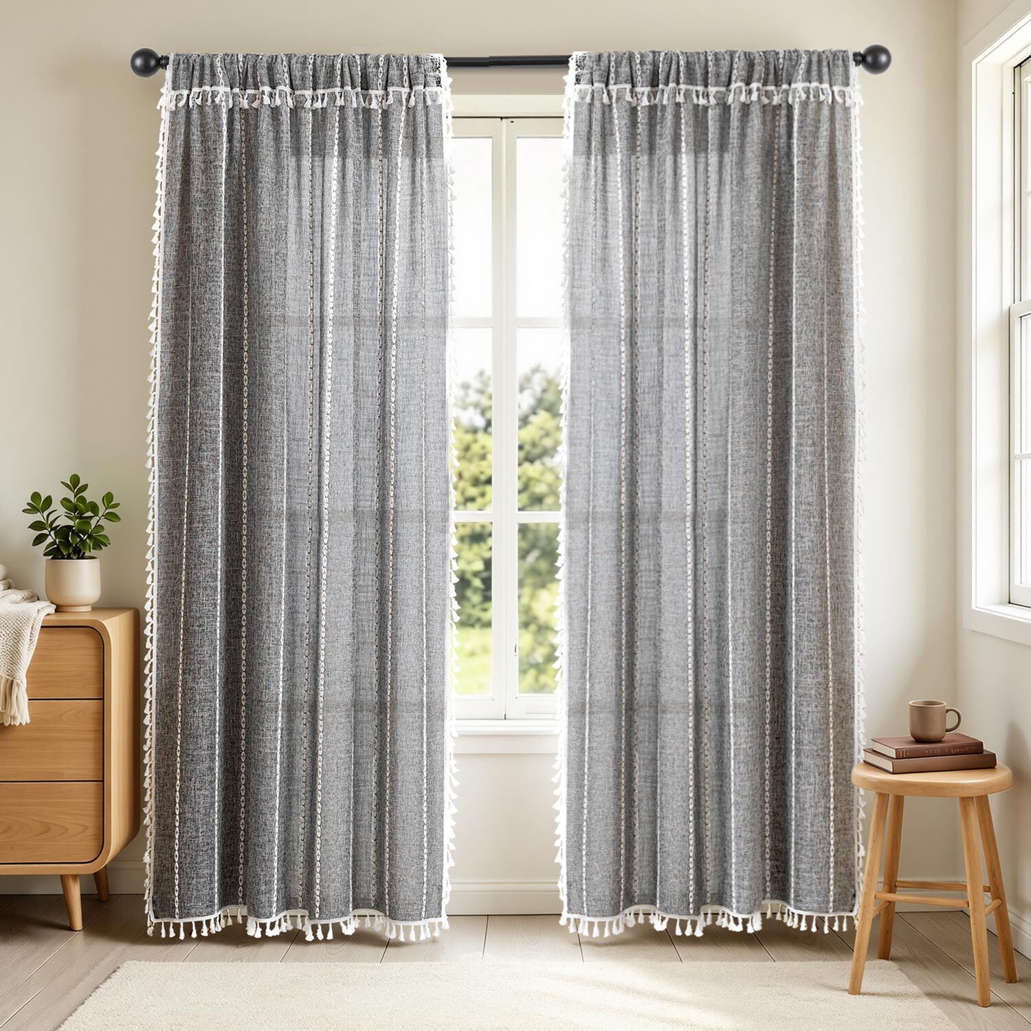 Boho Tassel Light Filtering Curtain Pair, CHARCOAL GRAY, hi-res image number 0