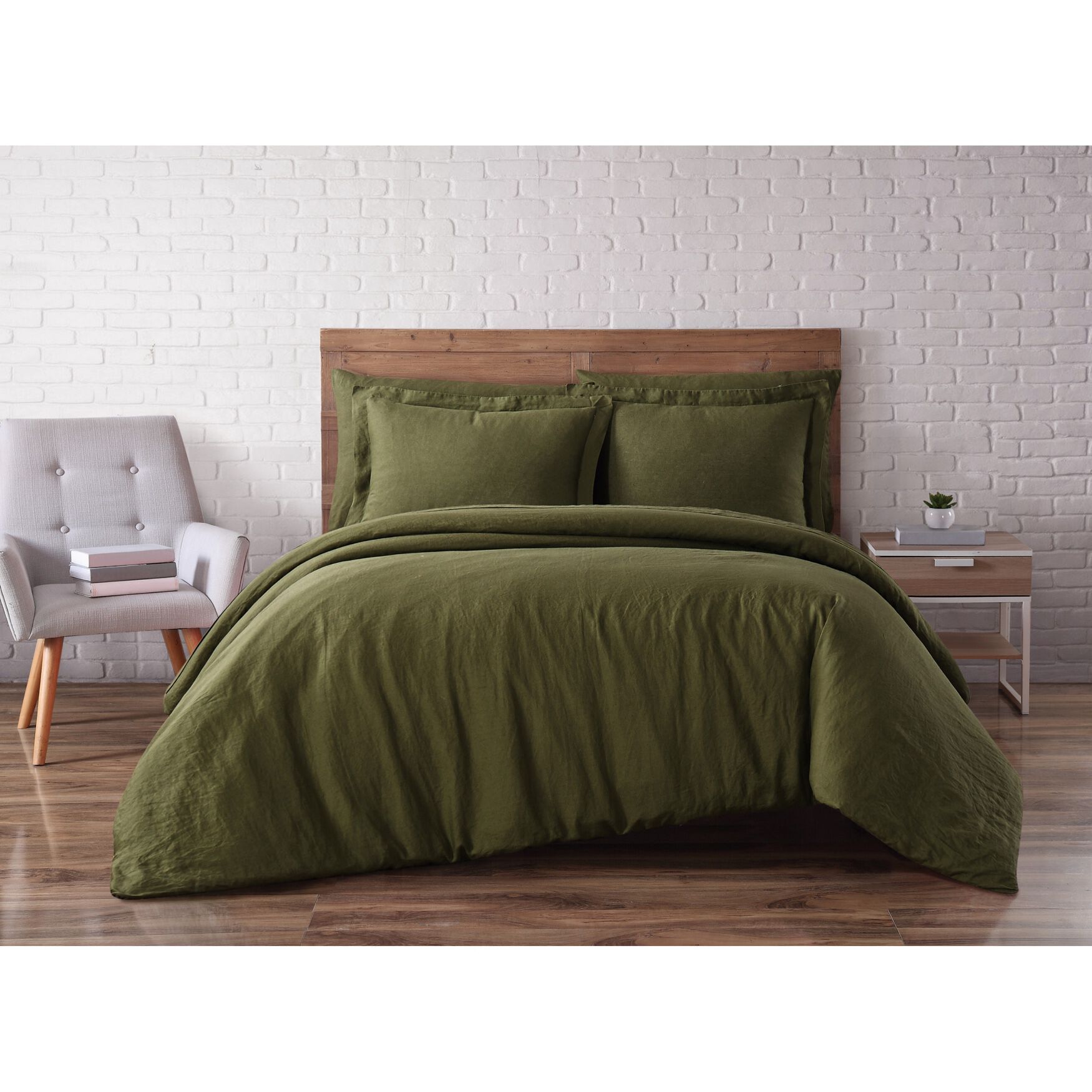 Linen Duvet Set, OLIVE GREEN, hi-res image number 0