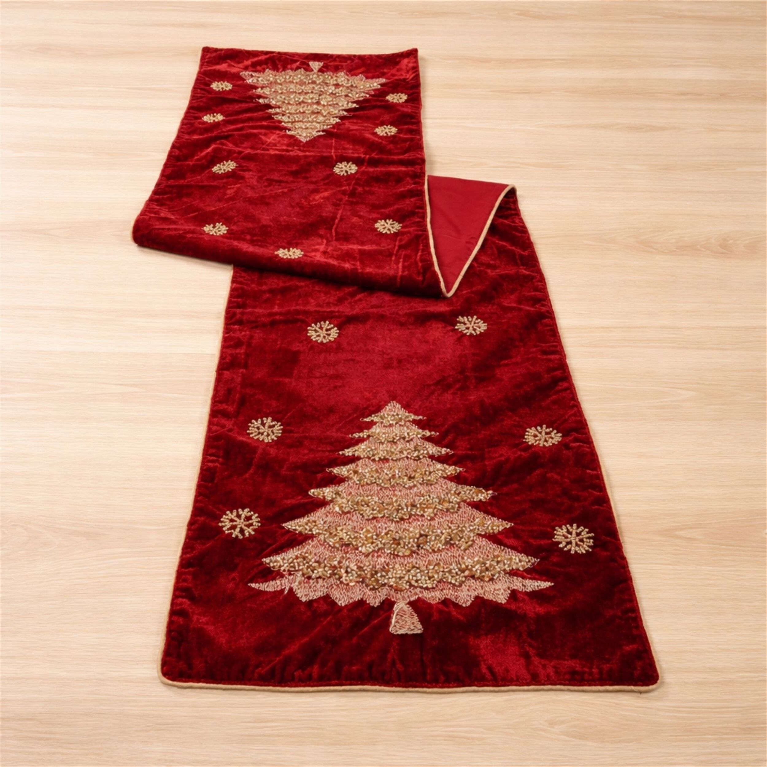 Embroidered Pine Tree Table Runner 72 inchesL, RED GOLD, alternate image number 2