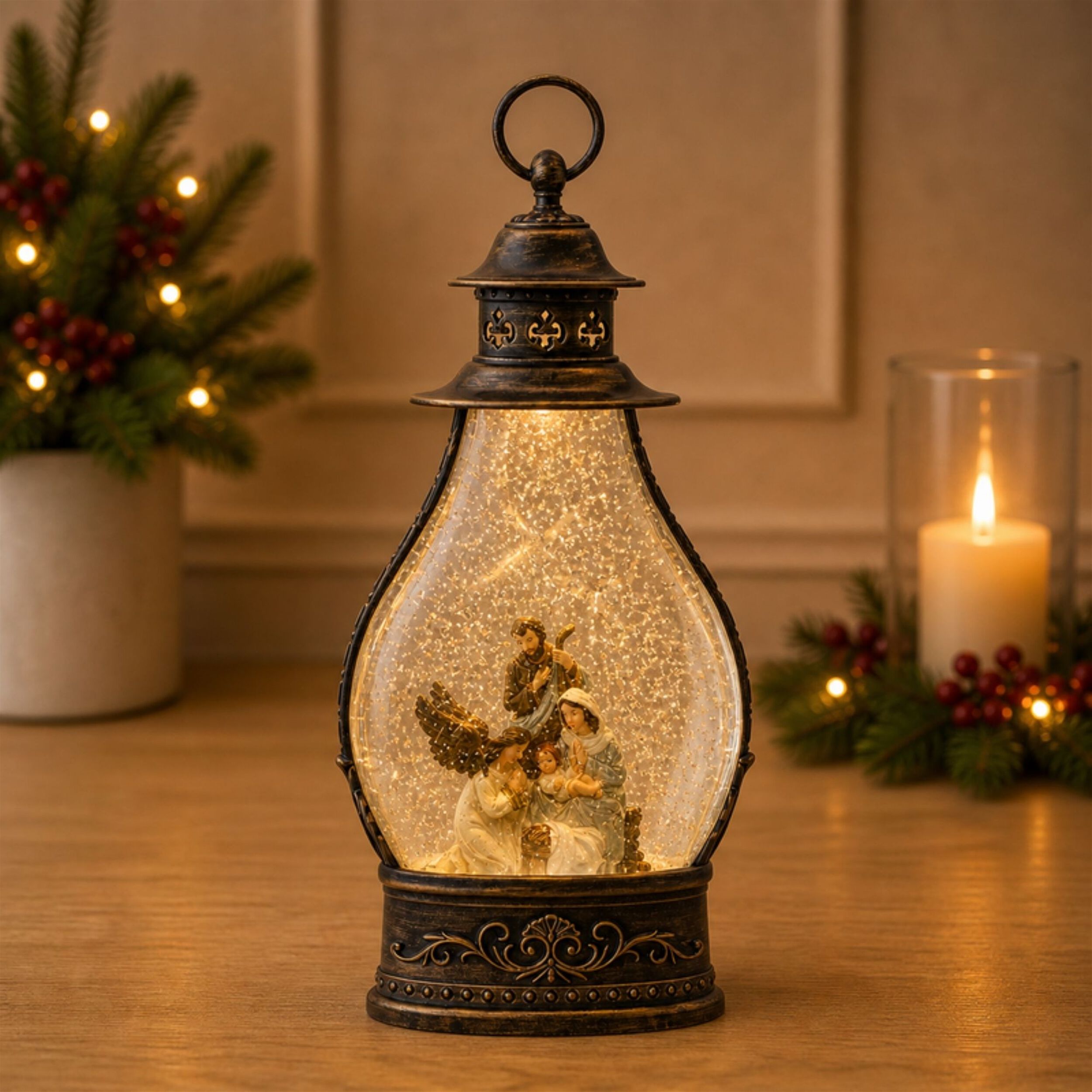 LED Snow Globe Lantern with Holy Family Nativity Scene 15.5 inchesH, BRONZE WHITE GOLD, alternate image number 3