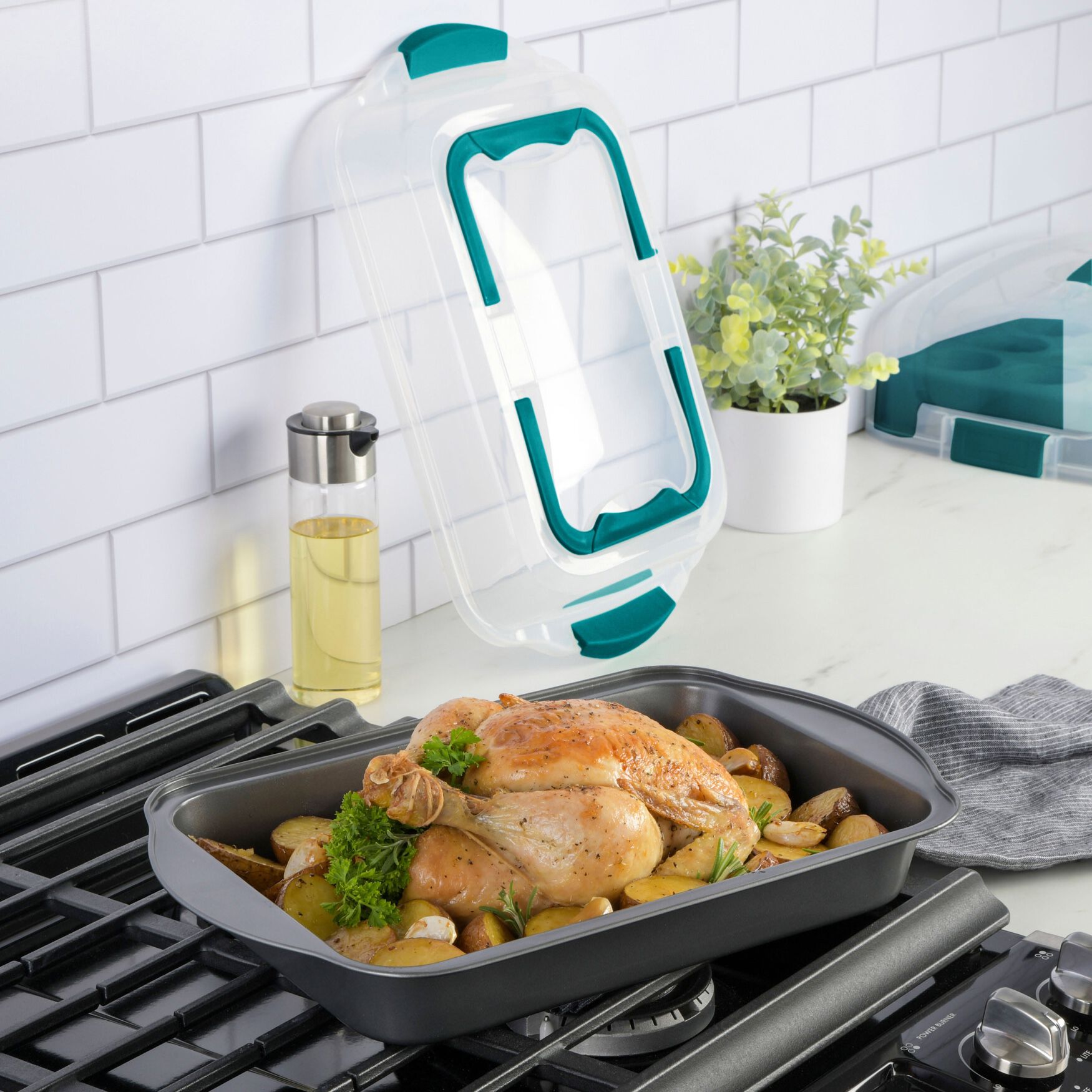 Roasting Pan with Carrying Lid, TEAL, hi-res image number 0