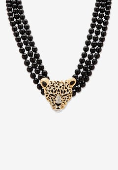 Gold Tone Leopard Beaded Collar Necklace (49mm), Crystal, 20" plus 2"