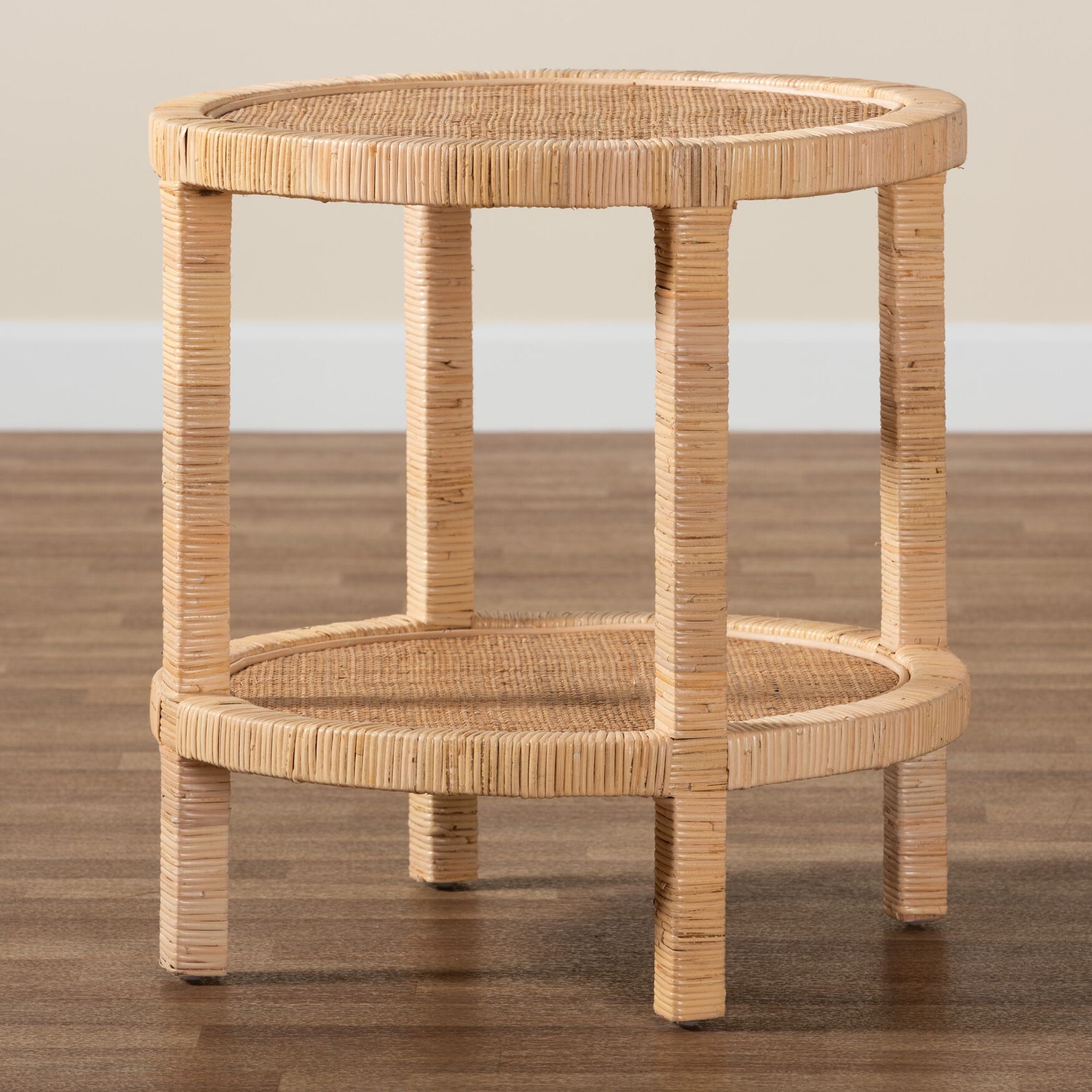 Bella Modern Bohemian Natural Brown Mahogany Wood and Natural Rattan 2-Tier End Table, , alternate image number 12