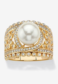 Gold over Sterling Silver Simulated Pearl and Cubic Zirconia Ring