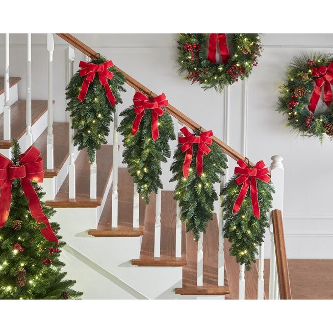 Pre-Lit Swags with Plaid Bows, set of 4, RED, hi-res image number 0