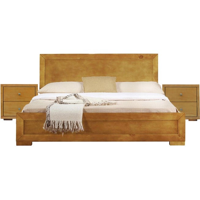 Trent Wooden Platform Bed in Black, Queen with 2 Nightstands, OAK, hi-res image number 0