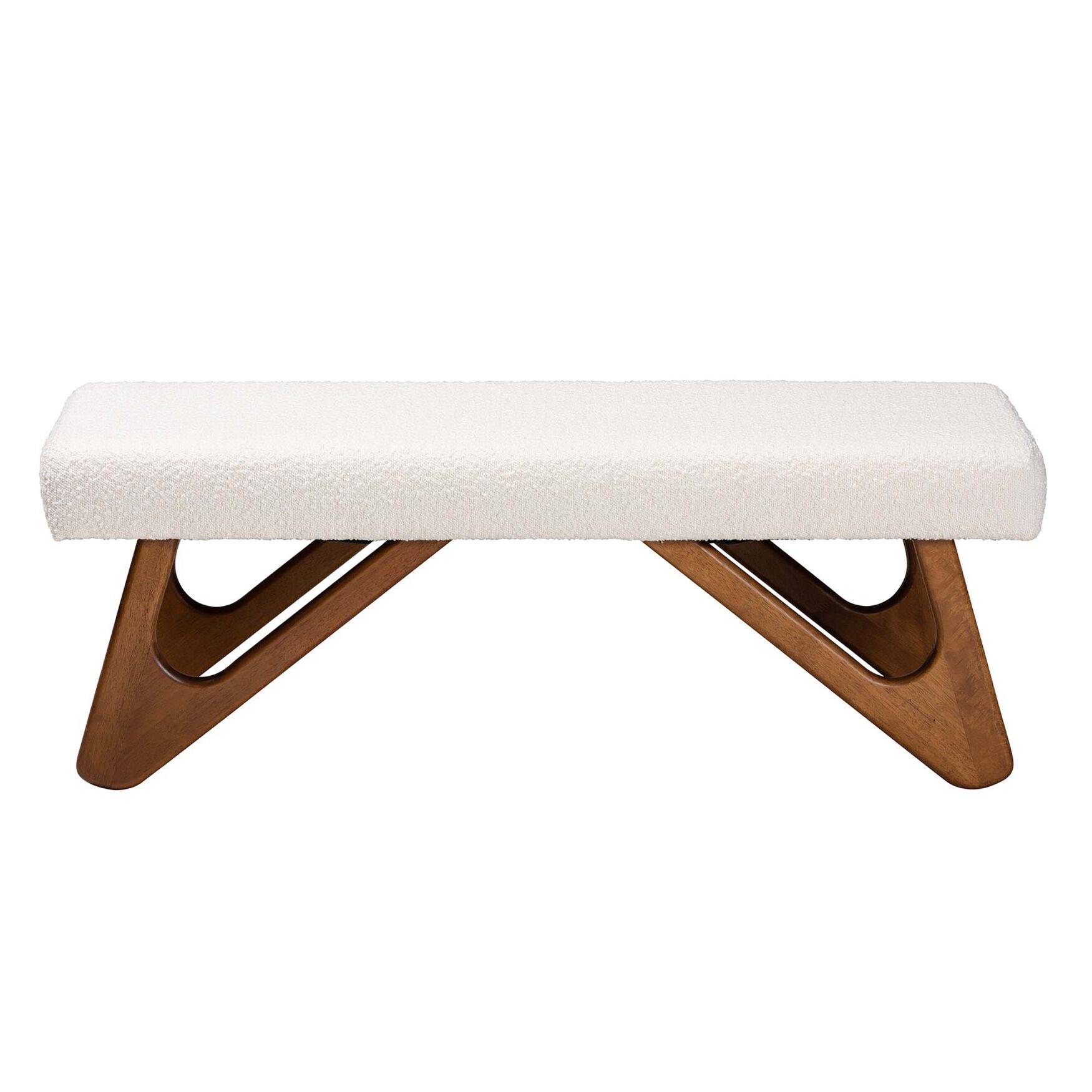 Rika Japandi Cream Boucle Fabric And Walnut Brown Finished Wood Bench, , on-hover image number 1