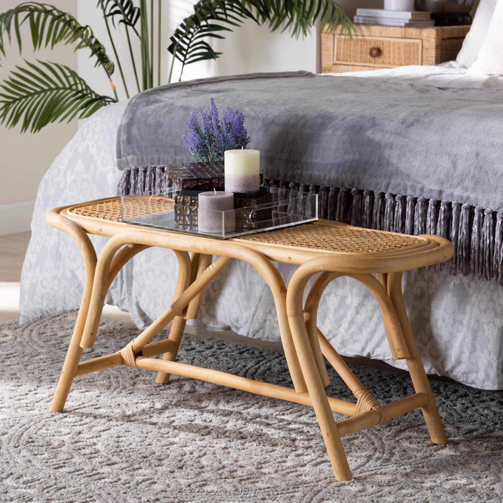 Septa Modern Bohemian Natural Brown Rattan Accent Bench, , alternate image number 5