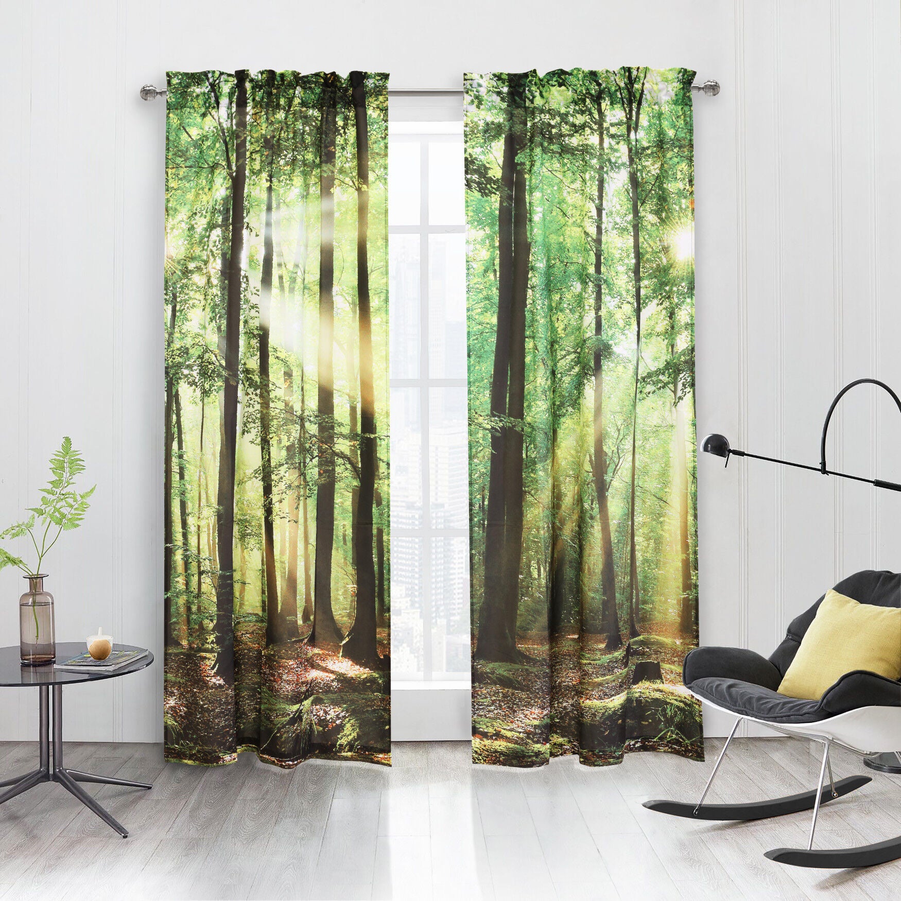 Photo Real Forest Light Filtering Pole Top Curtain Panel Pair, MULTI, hi-res image number 0