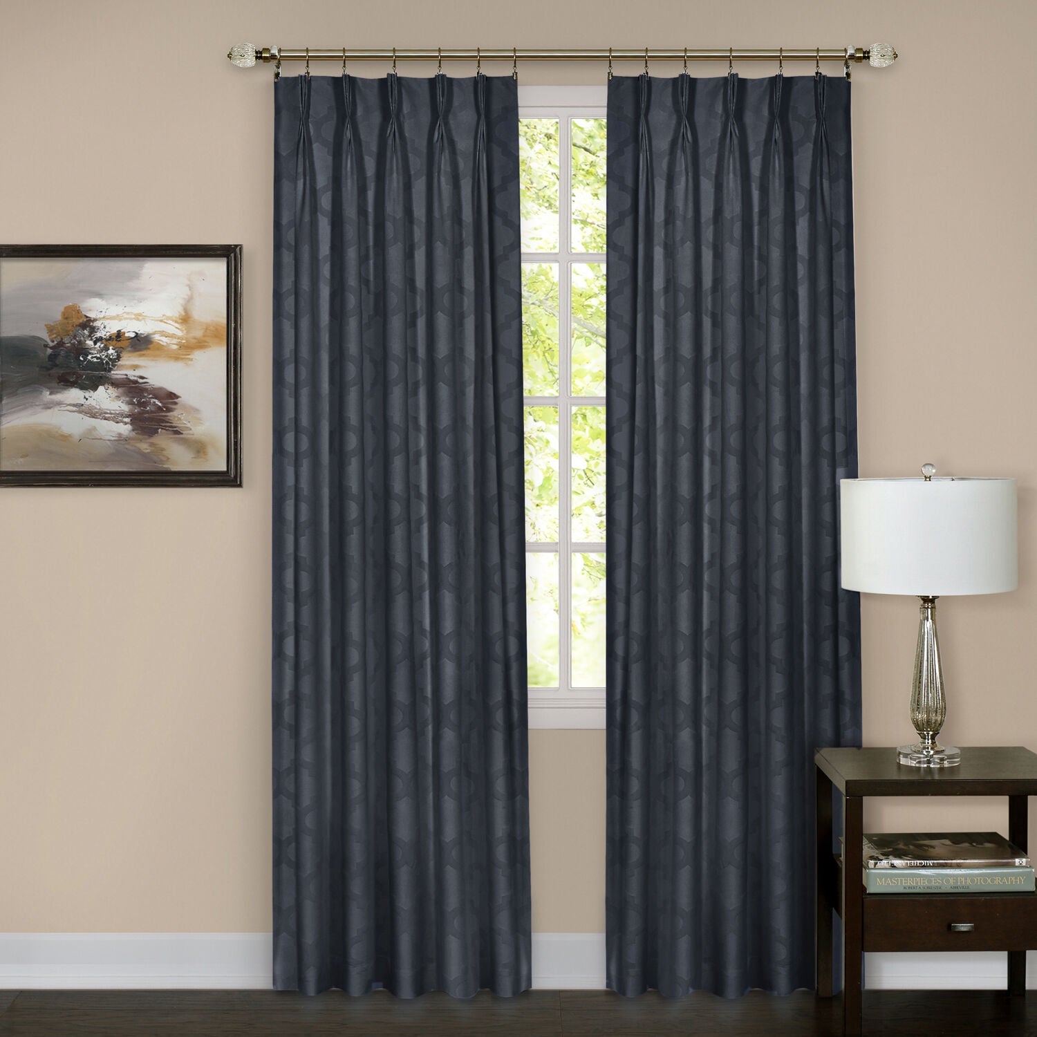Windsor Room Darkening Pinch Pleat Window Curtain Panel, NAVY, hi-res image number 0