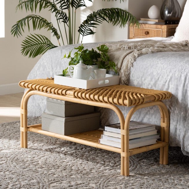 Himari Modern Bohemian Natural Brown Rattan Accent Bench, , alternate image number 5