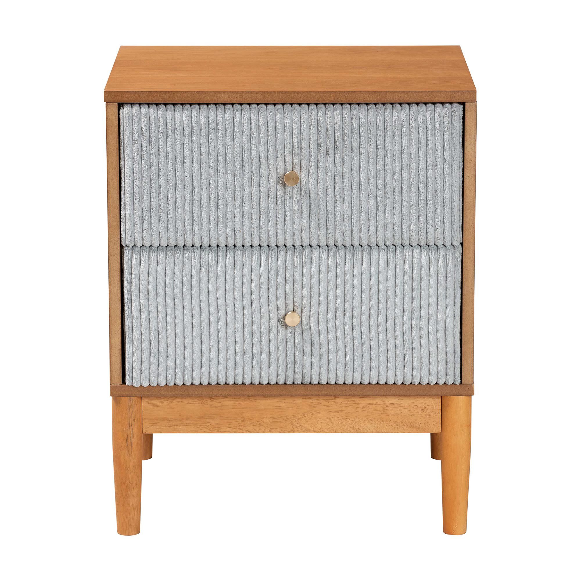 Taylin Mid-Century Grey Corduroy and Oak Brown Wood 2-Drawer Nightstand, GREY, alternate image number 3