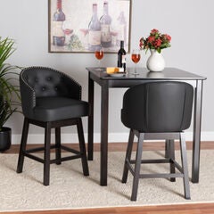 Theron Mid-Century Transitional Black Faux Leather and Espresso Brown Finished Wood 2-Piece Swivel C