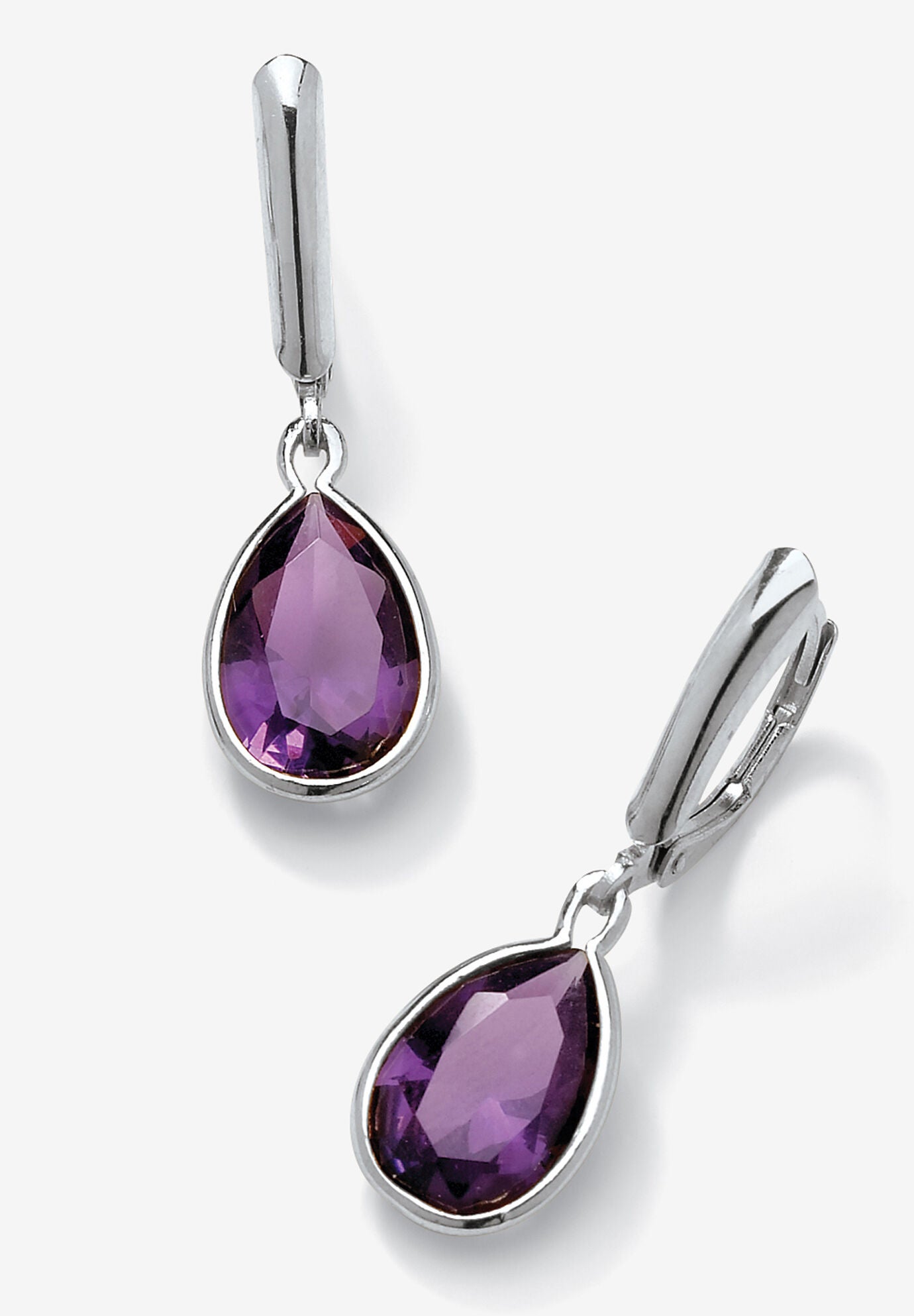 Sterling Silver Drop Earrings Pear Cut Simulated Birthstones, FEBRUARY, hi-res image number 0