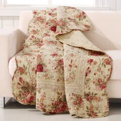 Antique Rose Vintage Floral Quilted Throw Blanket, Ecru