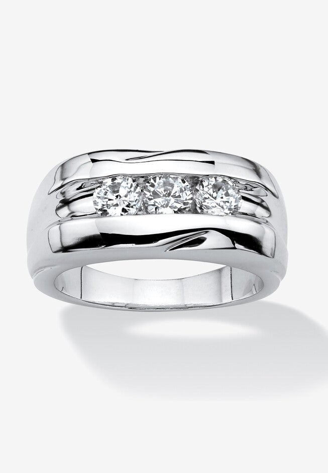 Men's Platinum Plated Cubic Zirconia 3 Stone Channel Set Wedding Band Ring, PLATINUM, hi-res image number null