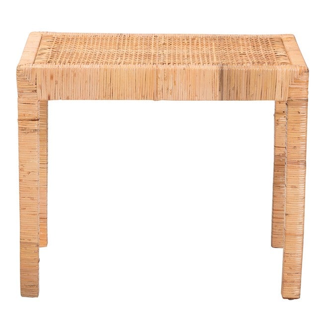 Abelia Modern Bohemian Natural Rattan And Mahogany Wood Short Accent Bench, , on-hover image number 1