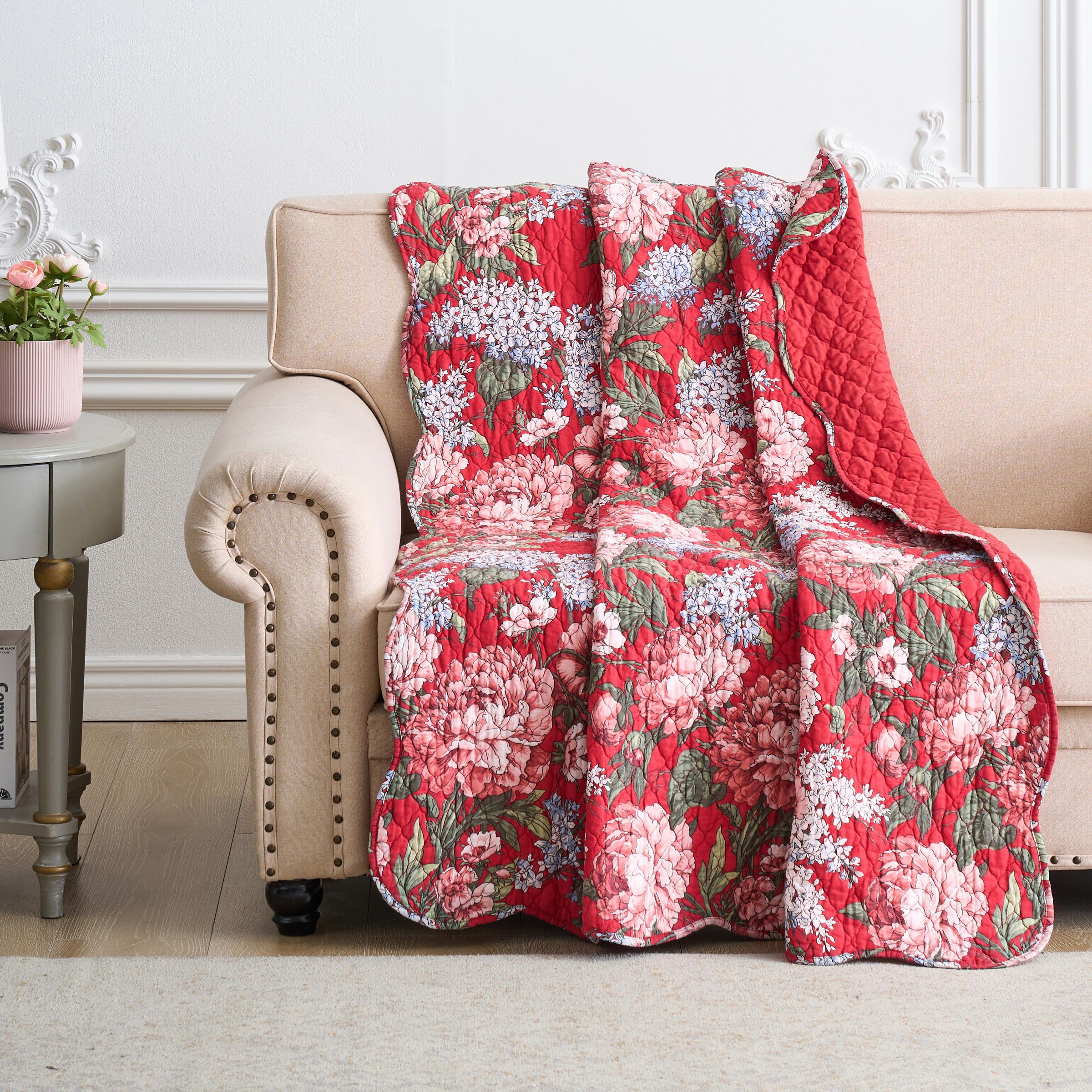 Millie Classic Floral Quilted Throw Blanket, GARNET, alternate image number 1