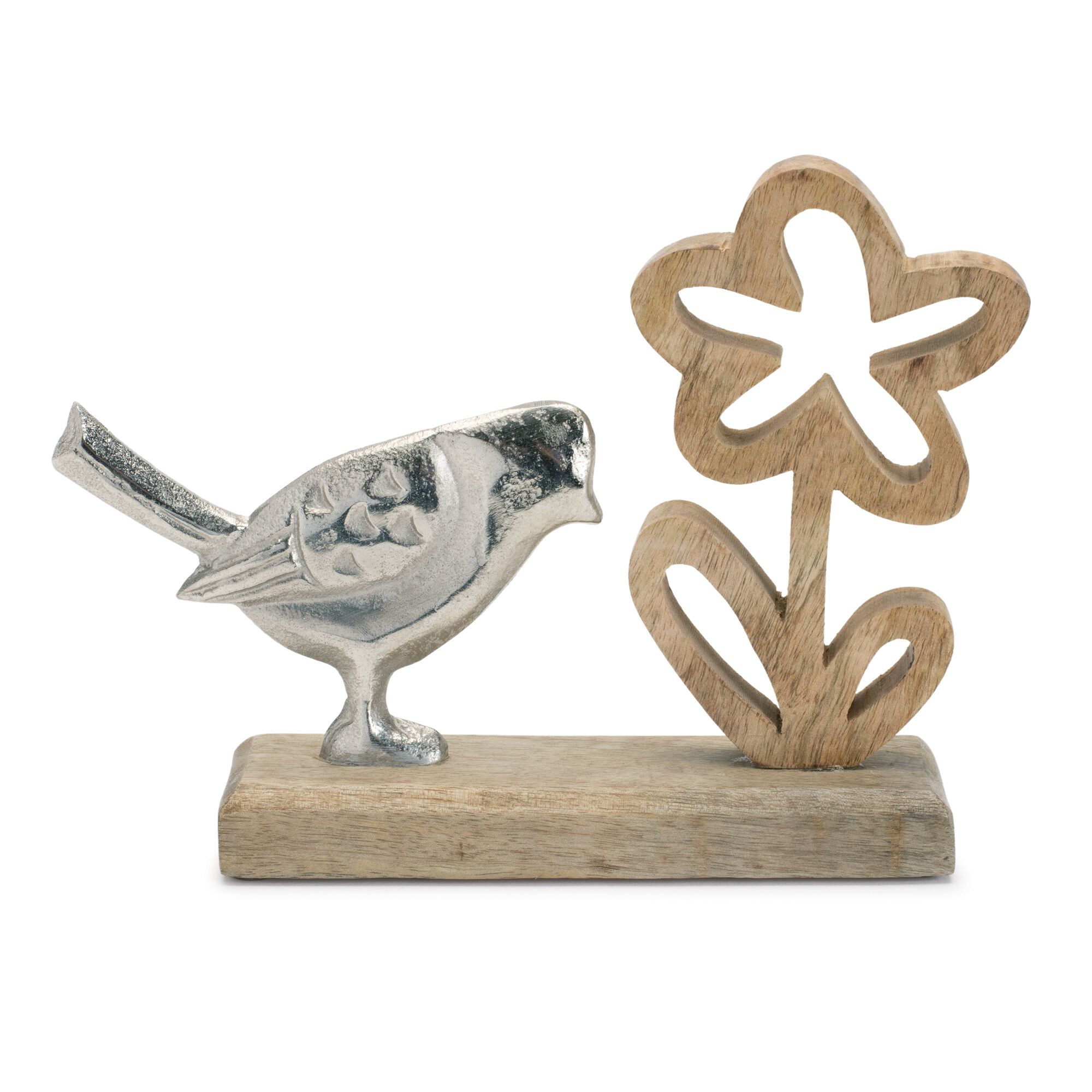 Metal Bird and Flower on Wood Base (Set of 2), BROWN/SILVER, hi-res image number 0