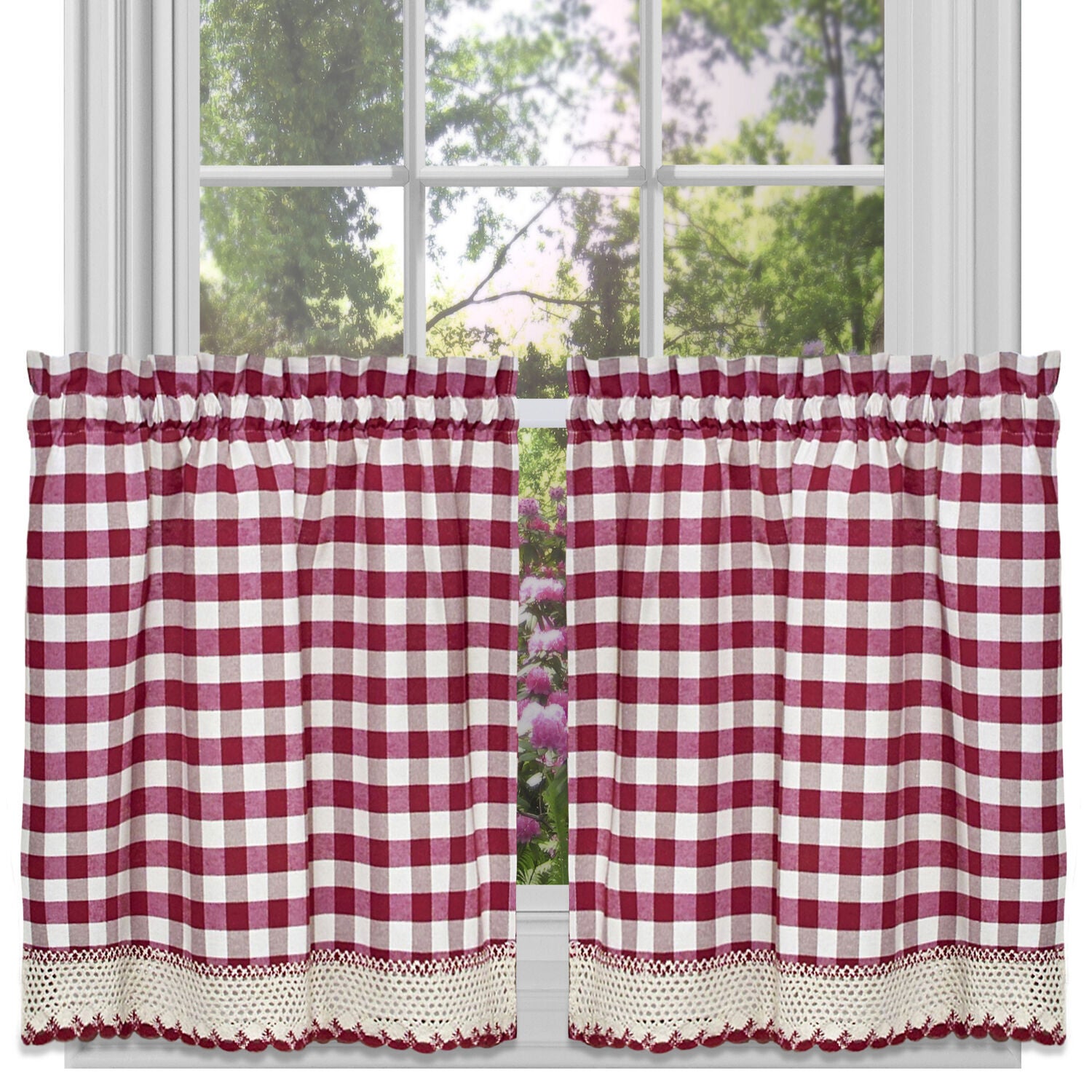 Buffalo Check Window Curtain Tier Pair, BURGUNDY, hi-res image number 0