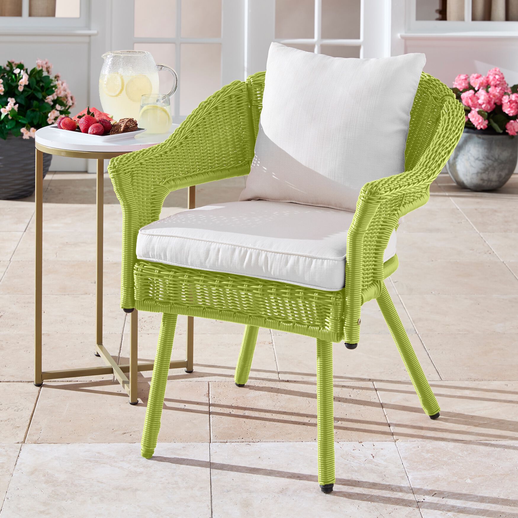 Roma Hand-Woven Resin Wicker Stacking Chair with Toss Pillow & Seat Cushion