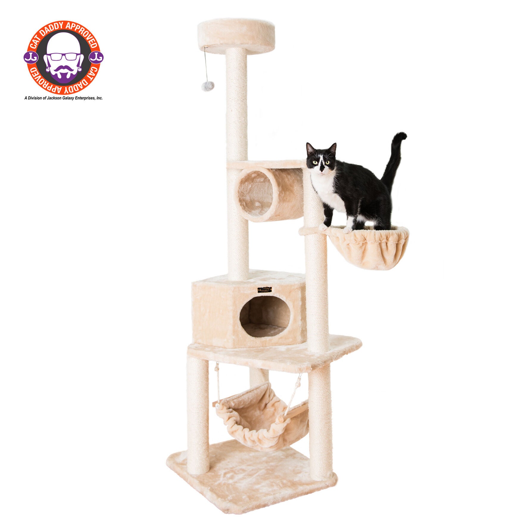 Real Wood 72 inches Cat Tower Entertainment Furniture With Lounge Basket, Perch, BEIGE, hi-res image number 0