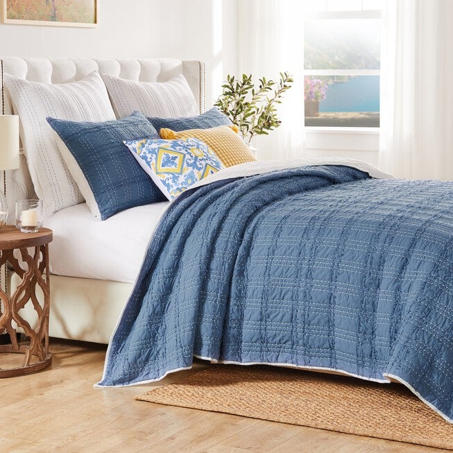 Portofino Finely Stitched Ruffled Quilt Set, Blue, 3-Piece King, BLUE, hi-res image number 0