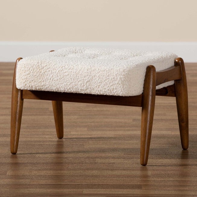 Jeanine Japandi Cream Boucle Fabric And Walnut Brown Finished Rubberwood Ottoman Footstool, , alternate image number null
