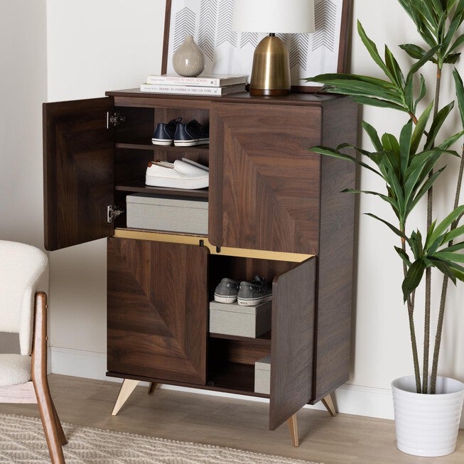 Graceland Mid-Century Modern Transitional Walnut Brown Finished Wood Shoe Cabinet, , alternate image number null