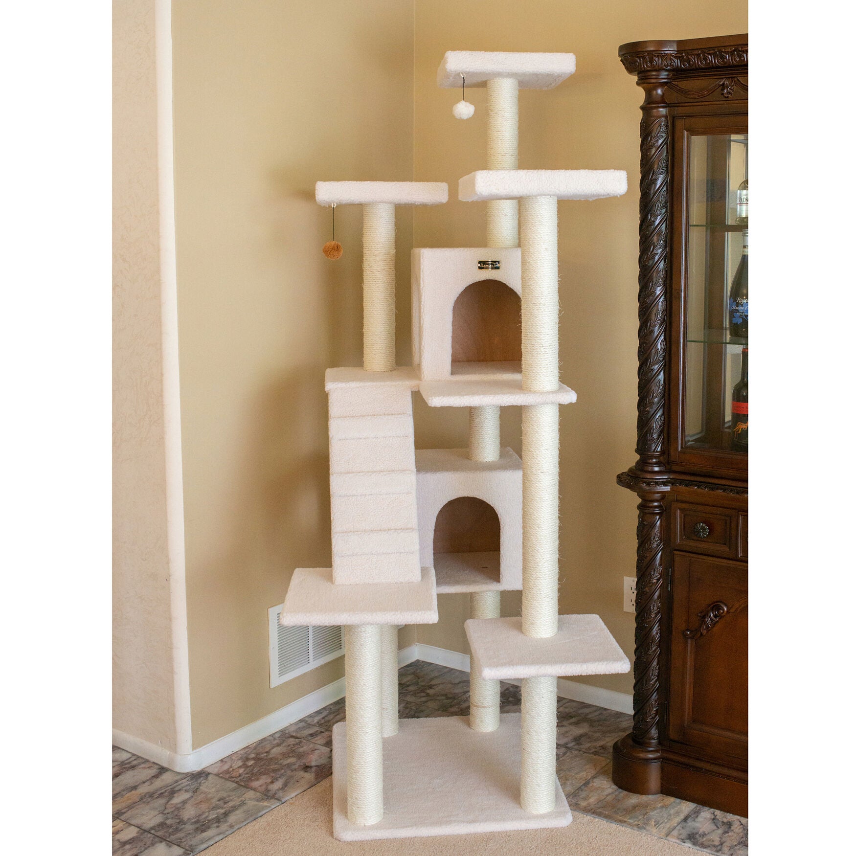 Classic 77 inches Multi Levels Real Wood Cat Tree With Ramp, Three Perches, Two Condos, , on-hover image number 1
