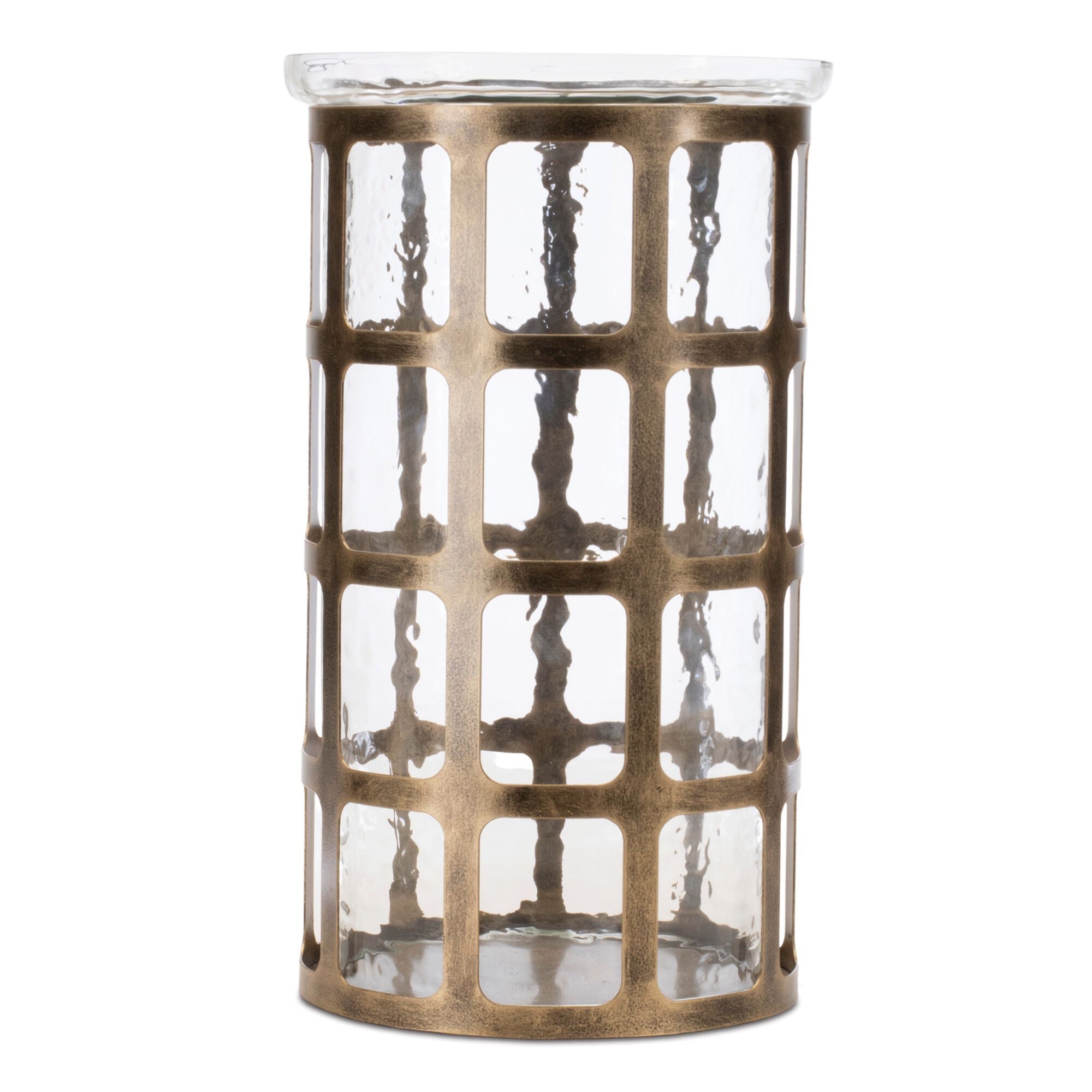 Wavy Glass Candle Holder with Distressed Metal Frame 12.25 inchesH, GOLD, hi-res image number 0