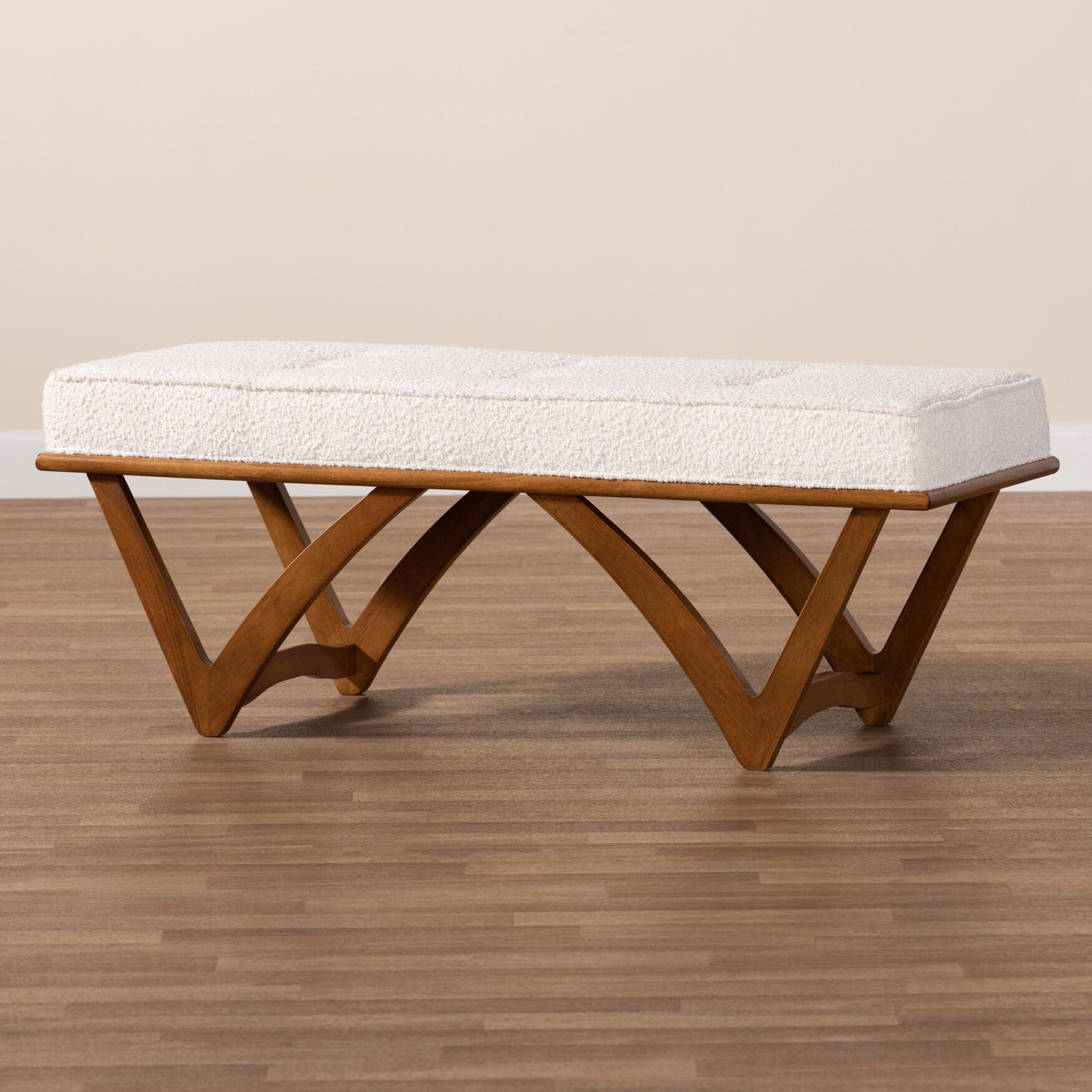 Chenoa Japandi Cream Boucle Fabric And Walnut Brown Finished Wood Bench, , alternate image number 5