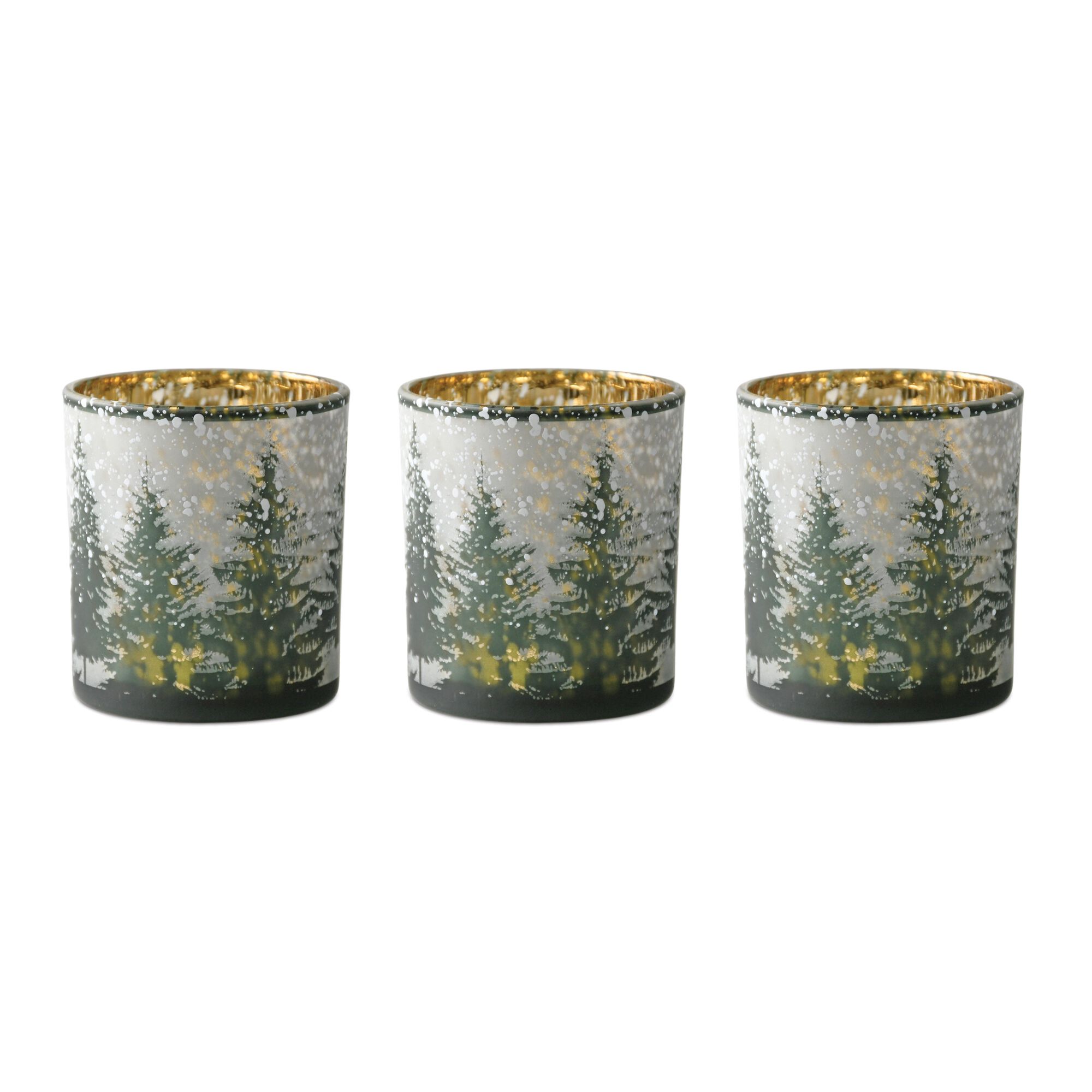 Frosted Pine Mercury Glass Candle Holder (Set of 3), GREEN GREY GOLD, hi-res image number 0
