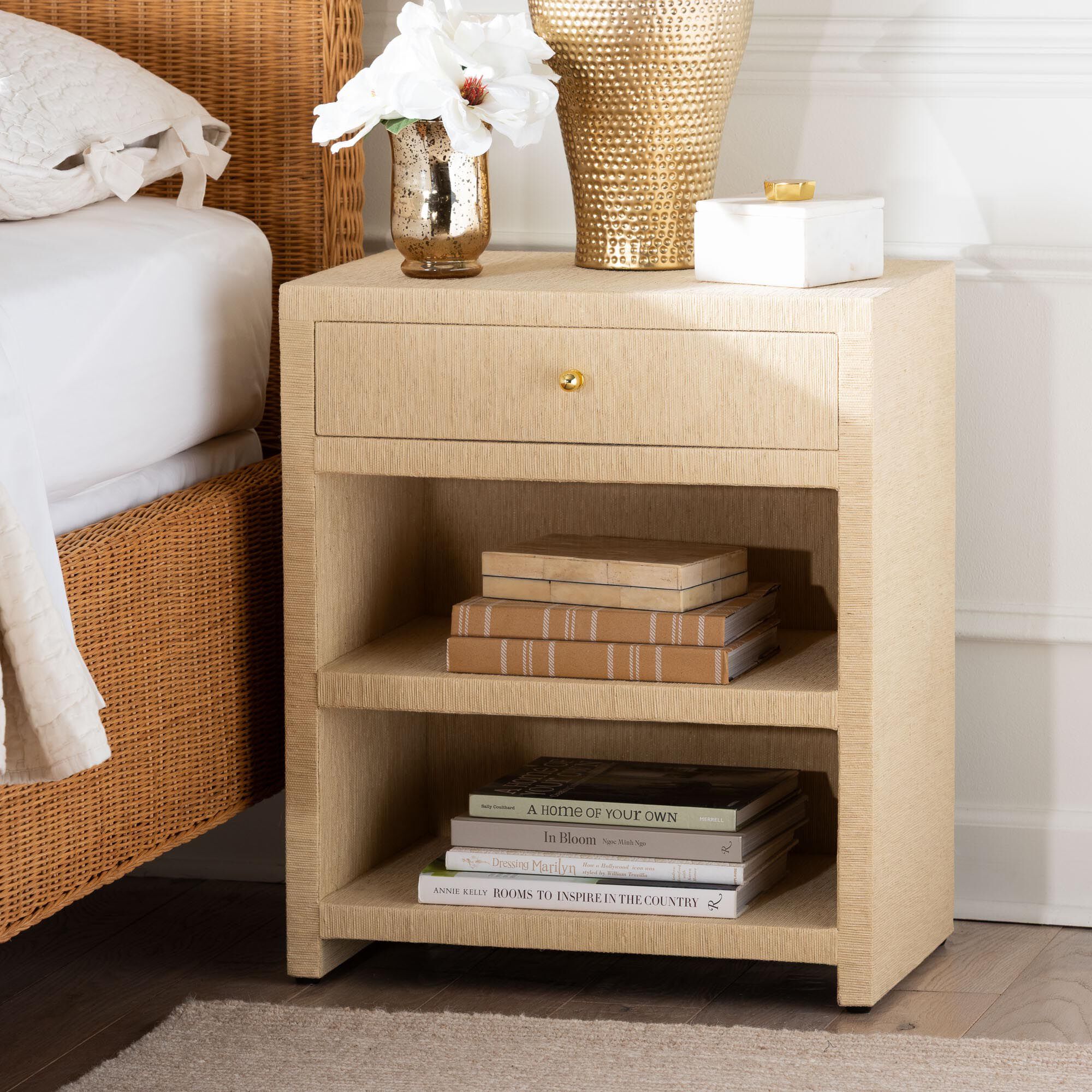 William Grasscloth 1-Drawer Nightstand with Open Shelves, BROWN, hi-res image number 0