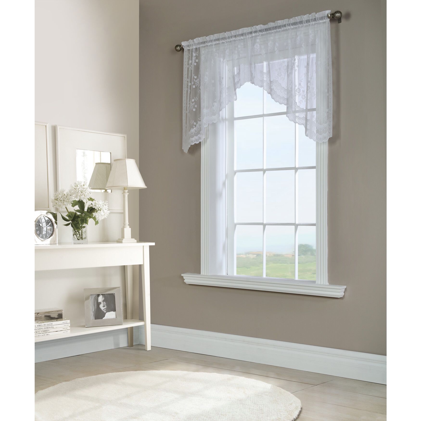 Mona Lisa Sheer Rod Pocket Swag Valance Set, WHITE, hi-res image number 0