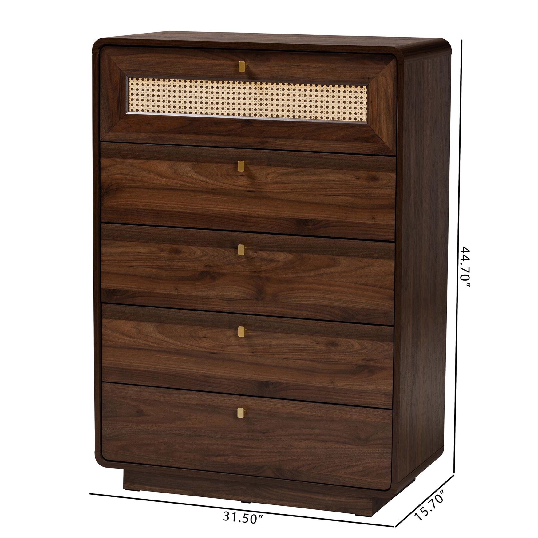Jenibelle Classic Walnut Brown Wood 5-Drawer Chest with Rattan Drawer, , alternate image number 15