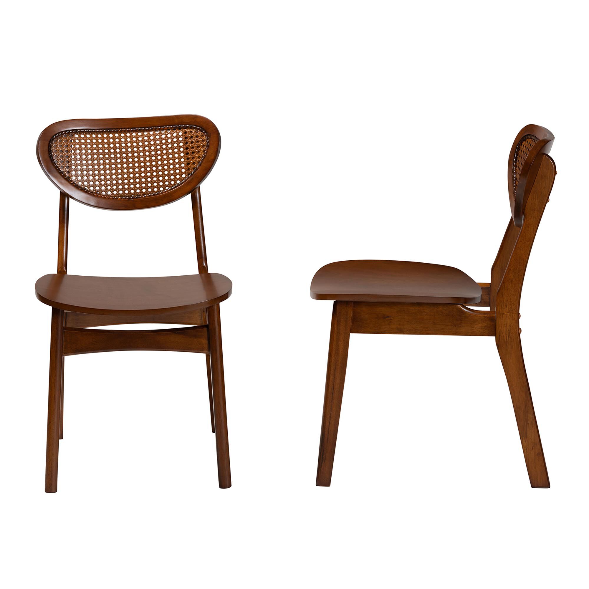Hesper Mid-Century Modern Walnut Brown Finished Wood and Rattan 2-Piece Dining Chair Set, BROWN, alternate image number 4