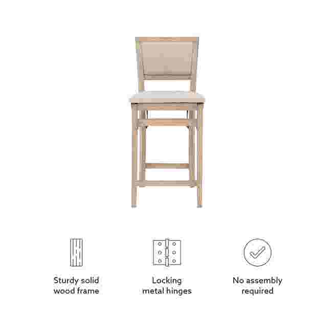 Grey wash folding stool with icons highlighting its features: sturdy solid wood frame, locking metal hinge, and no assembly required