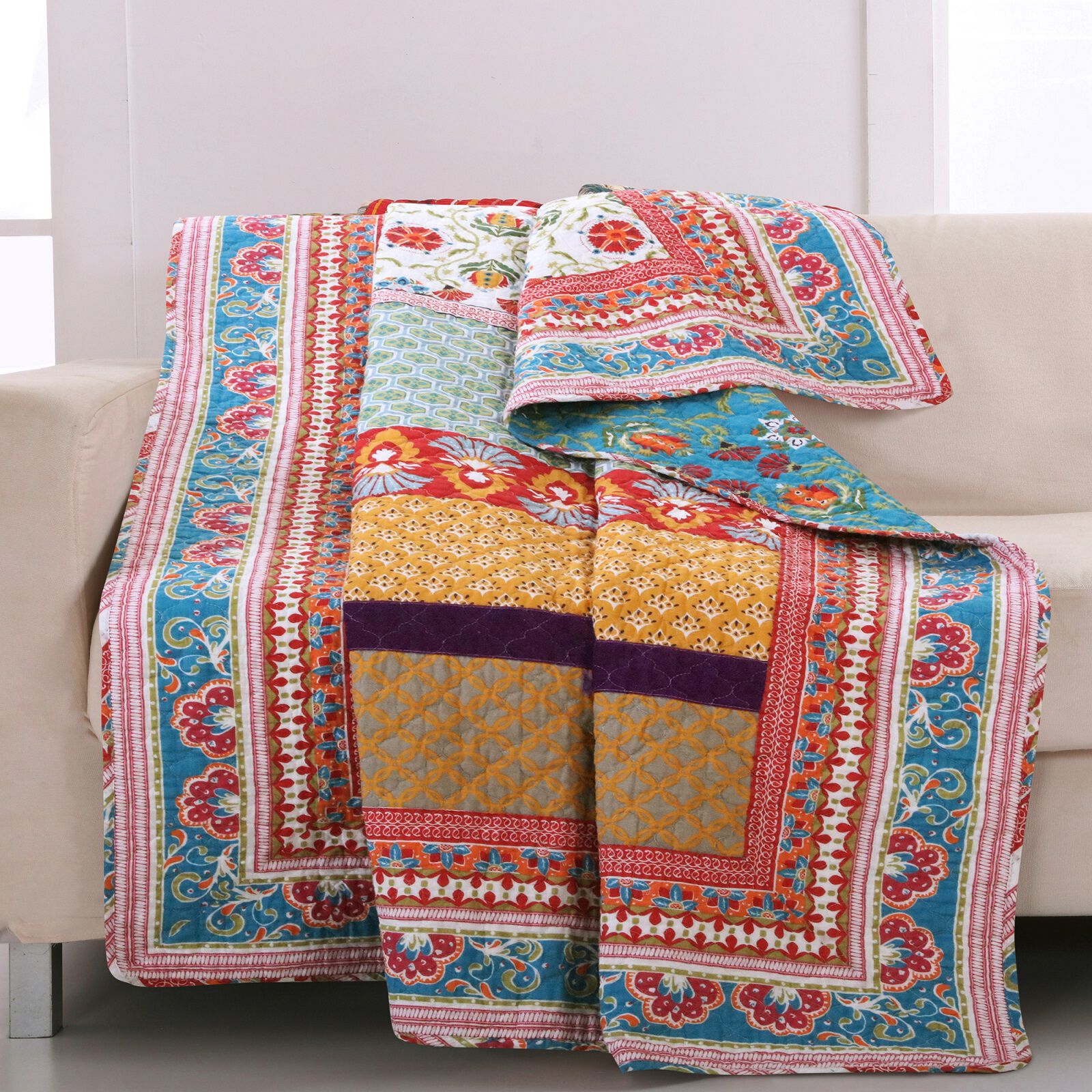 Thalia Bohemian Quilted Throw Blanket, Blue, TANGO, hi-res image number 0