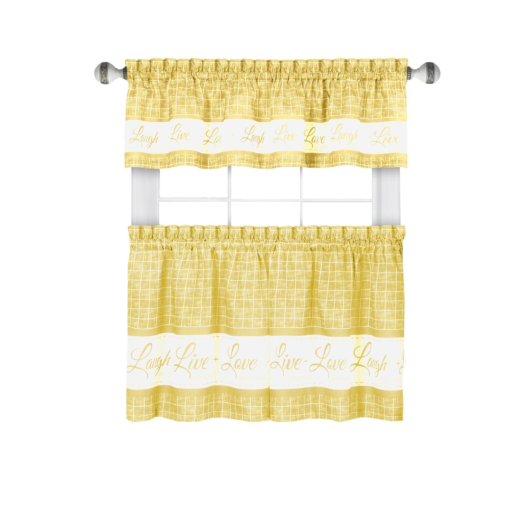 Live, Love, Laugh Window Curtain Tier Pair and Valance Set - 58x24, YELLOW, hi-res image number 0