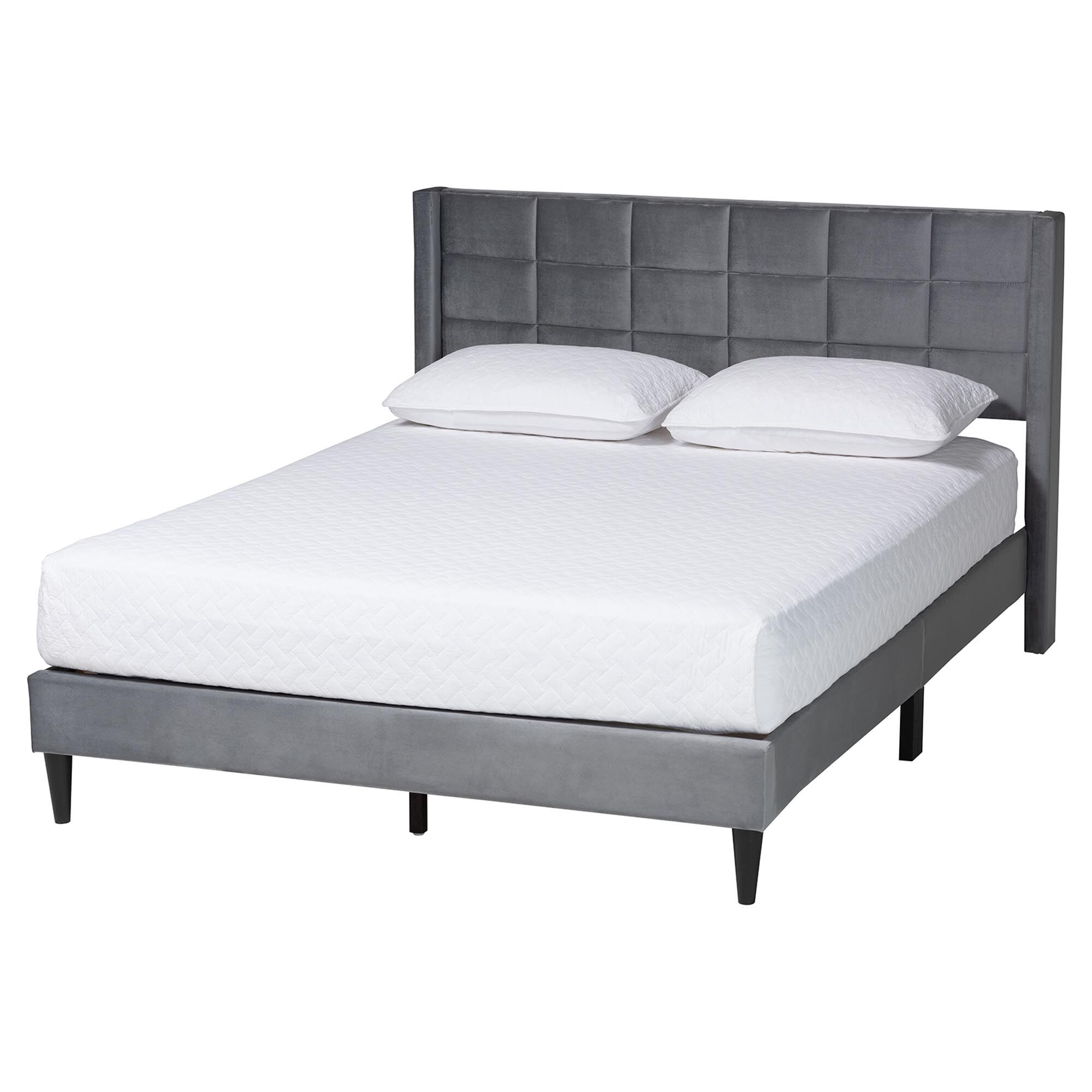 Baxton Studio Payne Modern Glam Grey Velvet and Dark Brown Wood Queen Bed, GREY, alternate image number 1