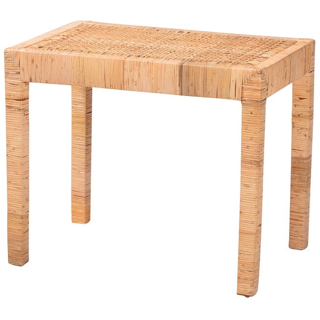 Abelia Modern Bohemian Natural Rattan And Mahogany Wood Short Accent Bench, NATURAL RATTAN, hi-res image number 0