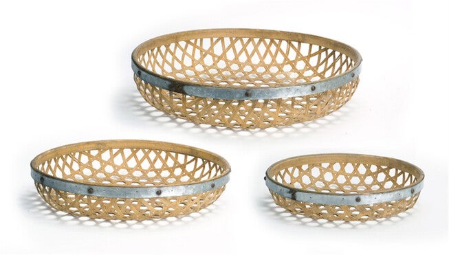 Round Woven Bamboo Tray with Galvanized Metal Accent (Set of 3), BROWN GREY, hi-res image number 0