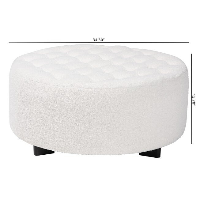 Athena Modern And Contemporary Ivory Boucle Upholstered And Black Finished Wood Round Ottoman, , alternate image number null