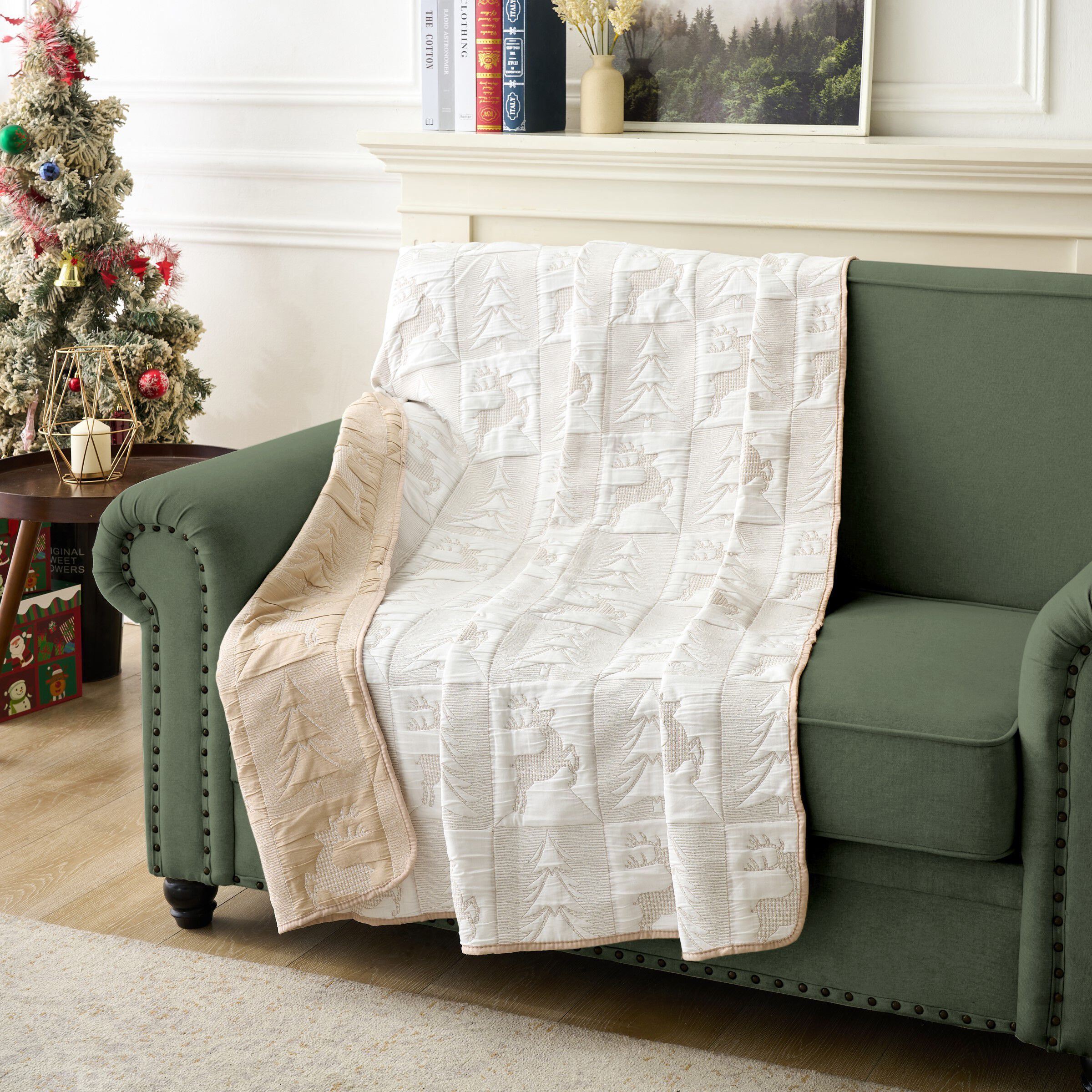 Reindeer Games Novelty Holiday Quilted Throw Blanket, WHITE, hi-res image number 0
