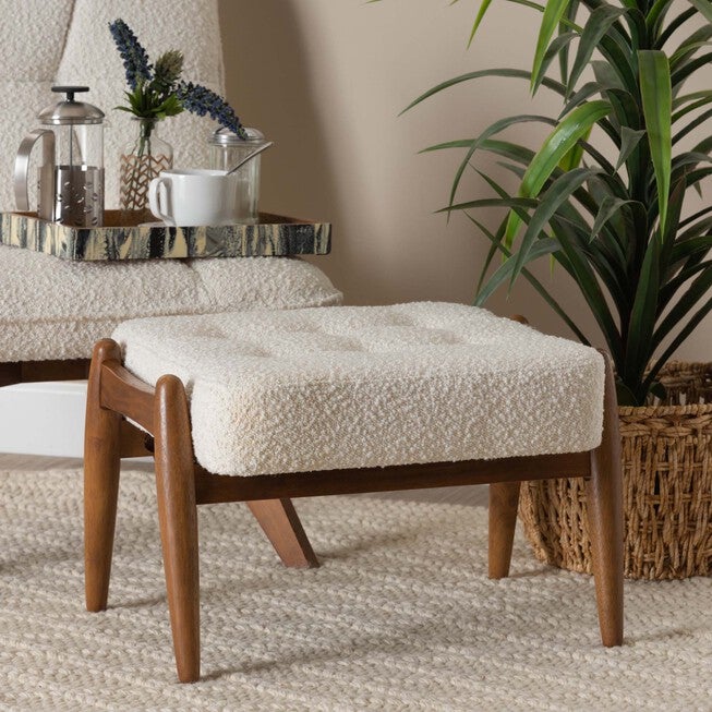 Jeanine Japandi Cream Boucle Fabric And Walnut Brown Finished Rubberwood Ottoman Footstool, , alternate image number null