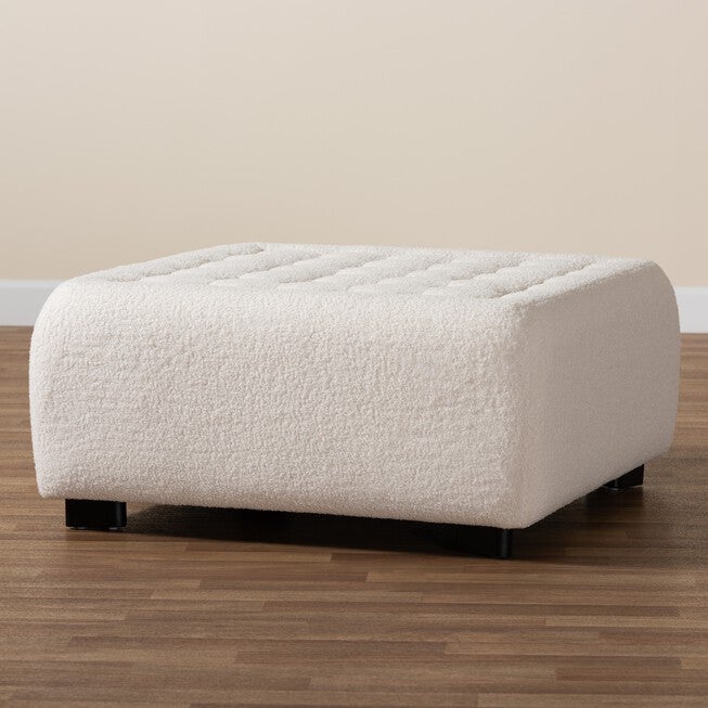 Athena Modern And Contemporary Ivory Boucle Upholstered And Black Finished Wood Square Ottoman, , alternate image number null